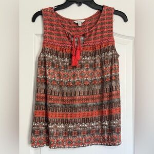 Lucky Brand Small Aztec Boho Red and Brown Patterned Tassel Tie Tank Top